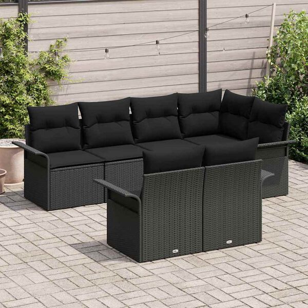 vidaXL Garden Sofa Set with Cushion 7 pcs Black Poly Rattan