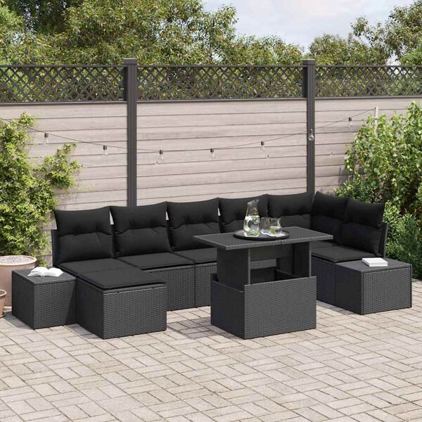 vidaXL Garden Sofa Set with Storage 8 pcs Black Poly rattan