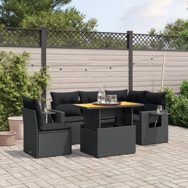 vidaXL 6 Piece Garden Sofa Set with Cushions Black Poly Rattan