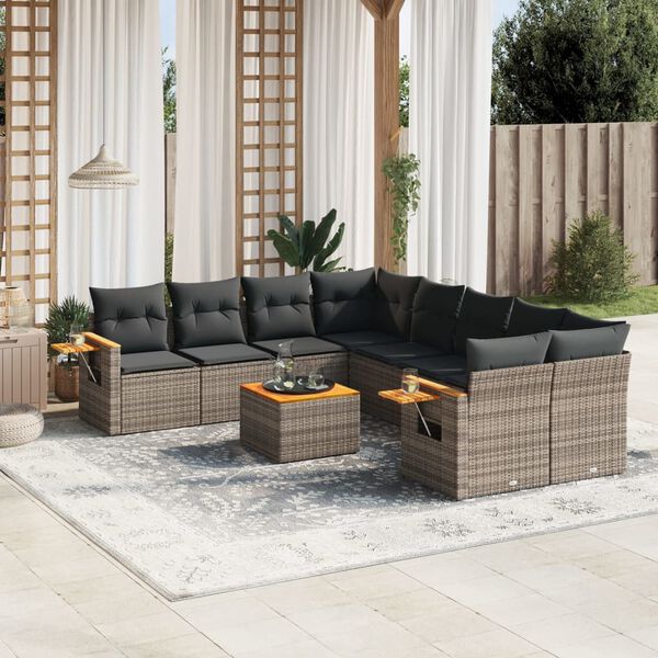 vidaXL 9 Piece Garden Sofa Set with Cushions Grey Poly Rattan