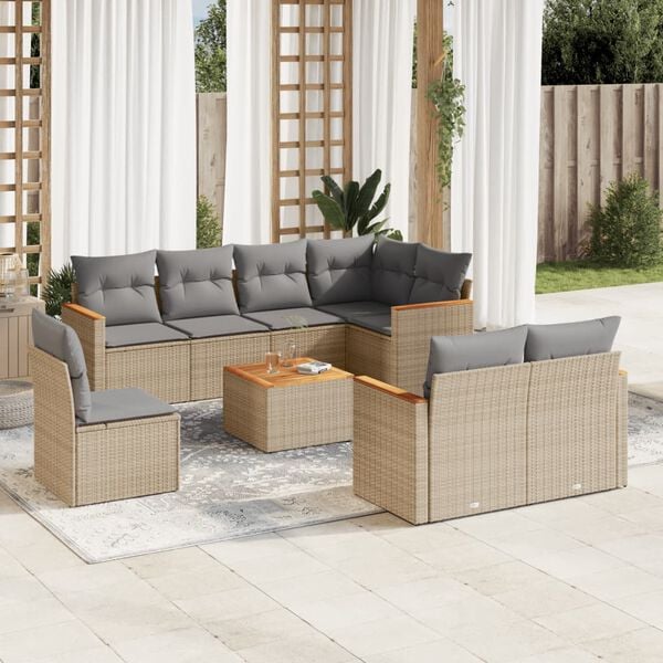 vidaXL 9 Piece Garden Sofa Set with Cushions Beige Poly Rattan