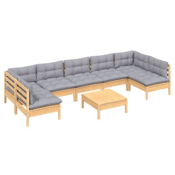 vidaXL 8 Piece Garden Lounge Set with Grey Cushions Solid Pinewood