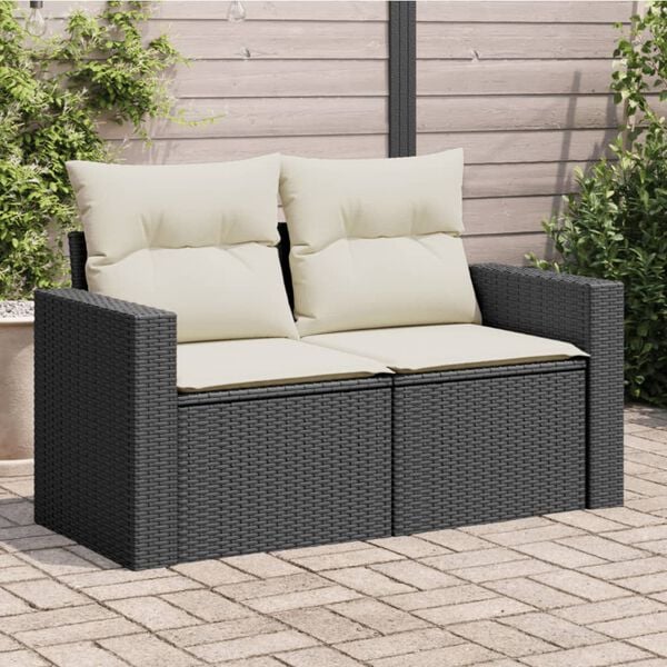 vidaXL Garden Sofa with Cushions 2-Seater Black Poly Rattan