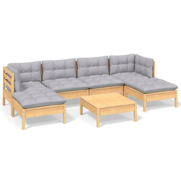 vidaXL 7 Piece Garden Lounge Set with Grey Cushions Pinewood