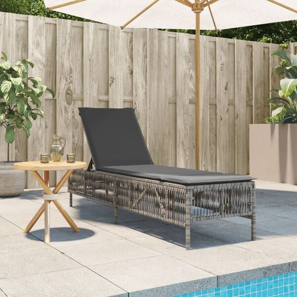 vidaXL Sun Lounger with Cushion Grey Poly Rattan