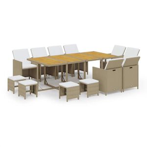 vidaXL 13 Piece Garden Dining Set with Cushions Poly Rattan Beige
