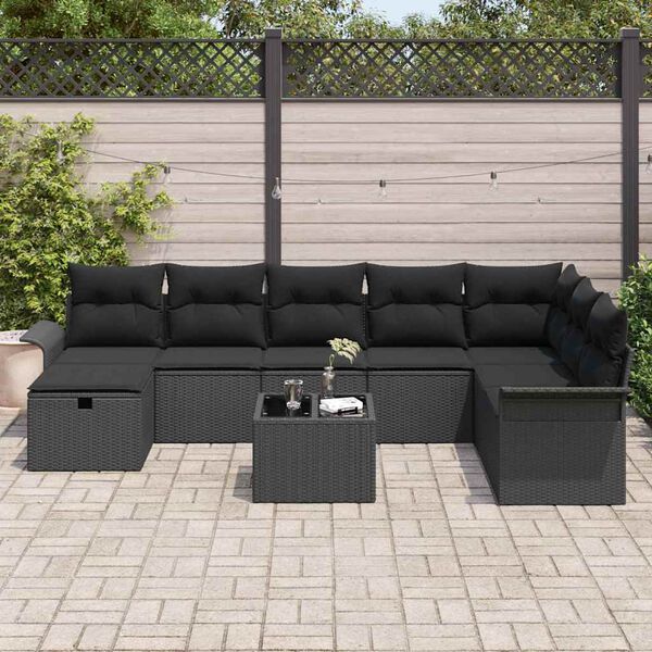 vidaXL Garden Sofa Set with Cushion 9 pcs Black Poly rattan