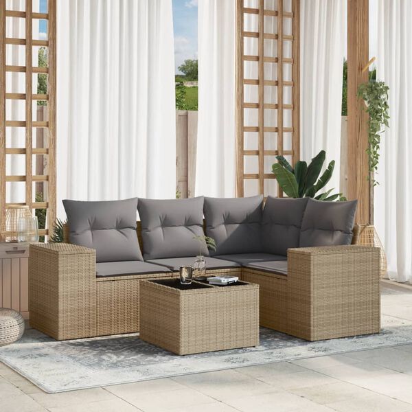vidaXL 5 Piece Garden Sofa Set with Cushions Beige Poly Rattan