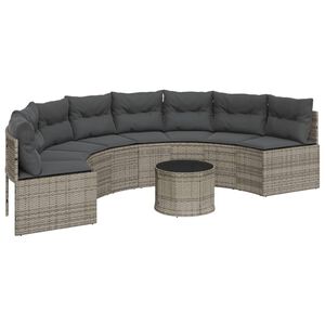 vidaXL Garden Sofa with Table and Cushions Half-Round Grey Poly Rattan