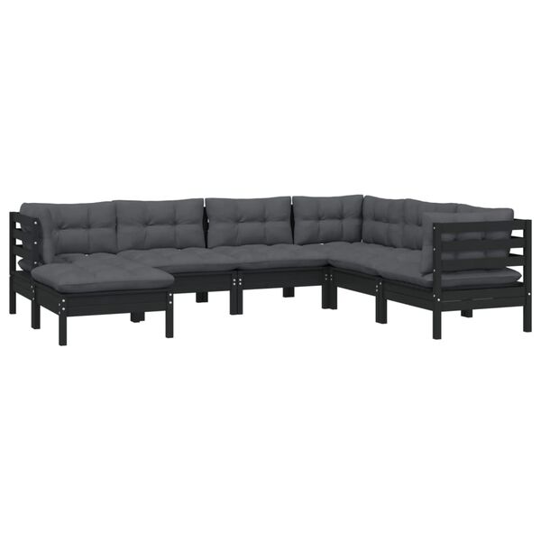vidaXL 7 Piece Garden Lounge Set with Cushions Black Solid Pinewood