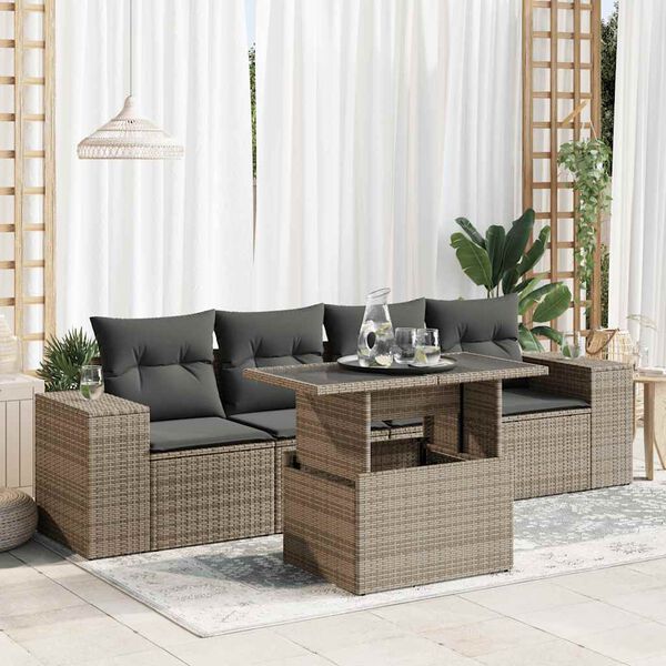 vidaXL 5 Piece Garden Sofa Set with Cushions Grey Poly Rattan