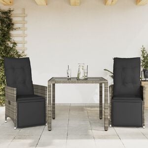 vidaXL 3 Piece Garden Bistro Set with Cushions Grey Poly Rattan