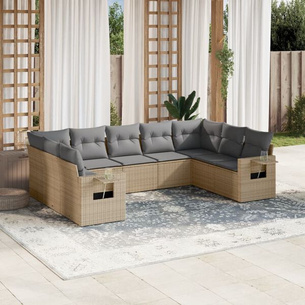 vidaXL 9 Piece Garden Sofa Set with Cushions Beige Poly Rattan