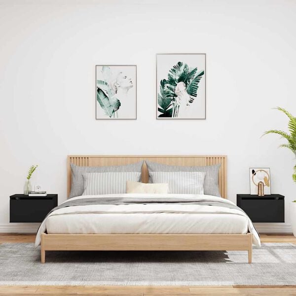 vidaXL Wall-mounted Bedside Cabinets with LED Lights 2 pcs Black