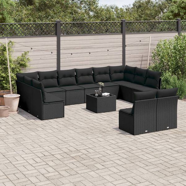 vidaXL 13 Piece Garden Sofa Set with Cushions Black Poly Rattan