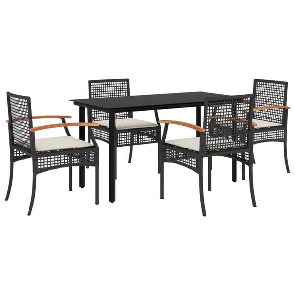 vidaXL 5 Piece Garden Dining Set with Cushions Black Poly Rattan