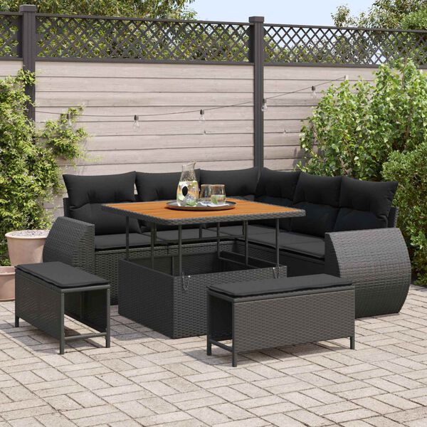 vidaXL Garden Sofa Set with Cushion 8 pcs Black Poly Rattan