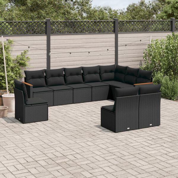 vidaXL 10 Piece Garden Sofa Set with Cushions Black Poly Rattan