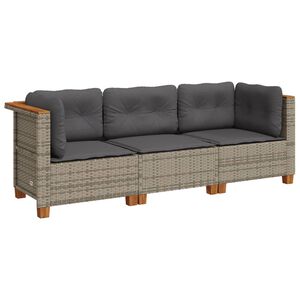 vidaXL Garden Sofa with Cushions 3-Seater Grey Poly Rattan