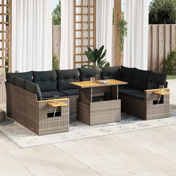 vidaXL 10 Piece Garden Sofa Set with Cushions Grey Poly Rattan Acacia