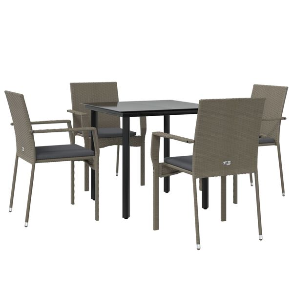 vidaXL 5 Piece Garden Dining Set with Cushions Black and Grey Poly Rattan