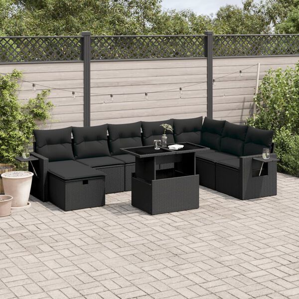 vidaXL 9 Piece Garden Sofa Set with Cushions Black Poly Rattan
