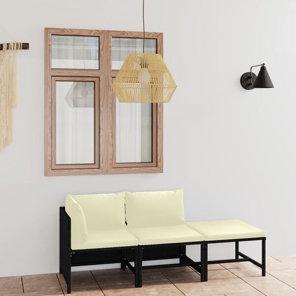 vidaXL 3 Piece Garden Lounge Set with Cushions Poly Rattan Black