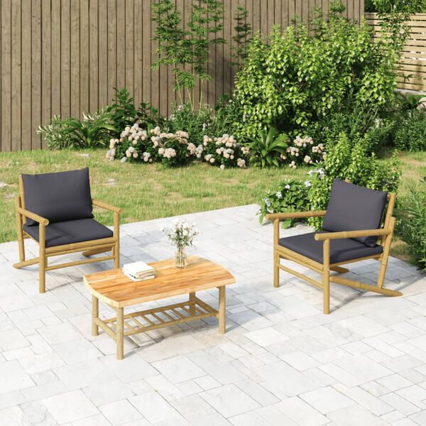 vidaXL 3 Piece Garden Lounge Set with Dark Grey Cushions Bamboo