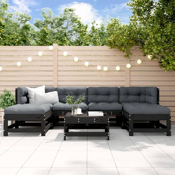 vidaXL 7 Piece Garden Lounge Set with Cushions Black Solid Wood