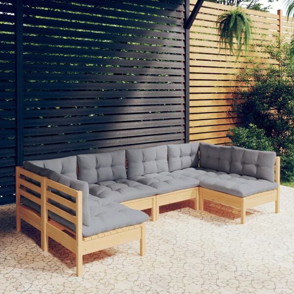 vidaXL 6 Piece Garden Lounge Set with Grey Cushions Solid Pinewood