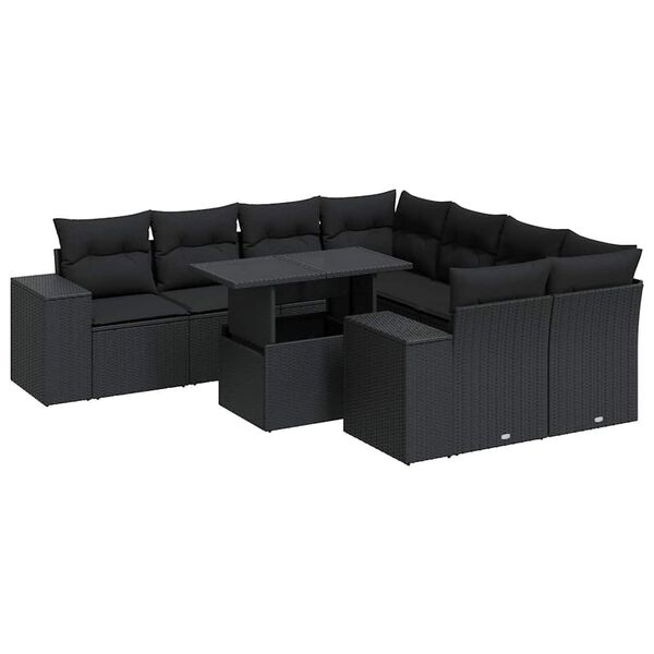 vidaXL 9 Piece Garden Sofa Set with Cushions Black Poly Rattan