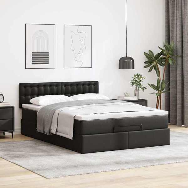 vidaXL Ottoman Bed with Mattresses & LEDs Black Queen Faux Leather