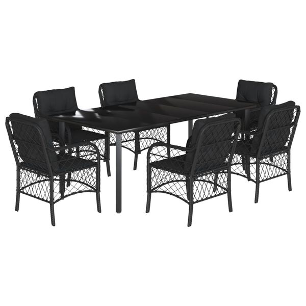 vidaXL 7 Piece Garden Dining Set with Cushions Black Poly Rattan