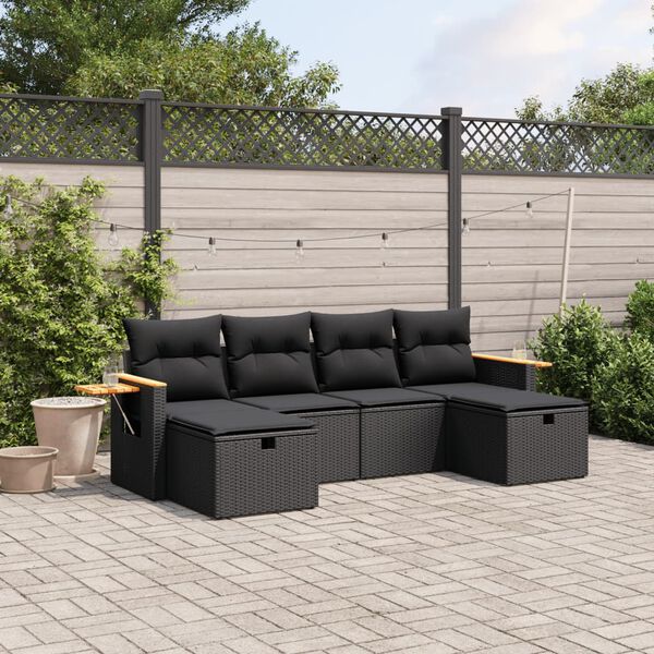 vidaXL 6 Piece Garden Sofa Set with Cushions Black Poly Rattan