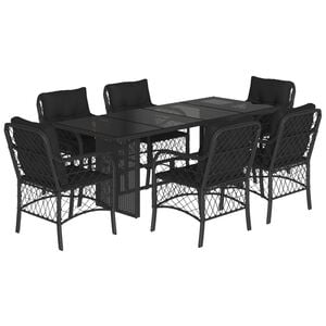 vidaXL 7 Piece Garden Dining Set with Cushions Black Poly Rattan