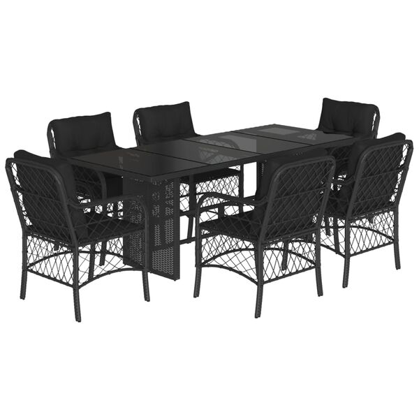 vidaXL 7 Piece Garden Dining Set with Cushions Black Poly Rattan