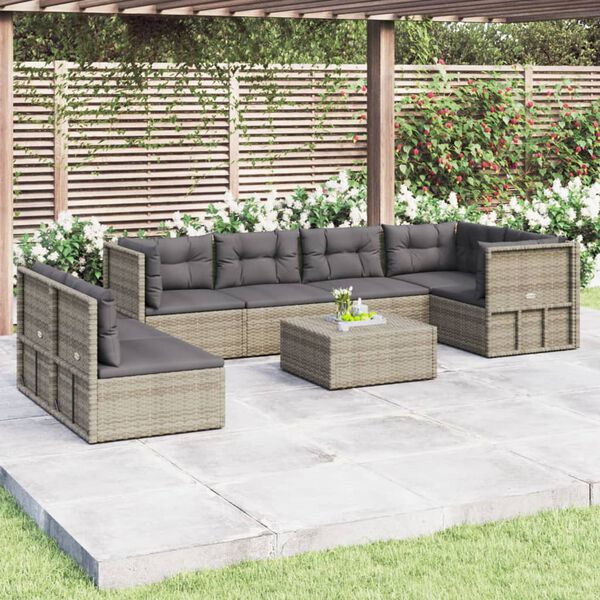 vidaXL 7 Piece Garden Lounge Set with Cushions Grey Poly Rattan