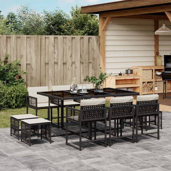 vidaXL 11 Piece Garden Dining Set with Cushions Black Poly Rattan