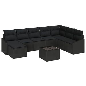 vidaXL Sofa Set with Cushion 9 pcs Black Poly Rattan
