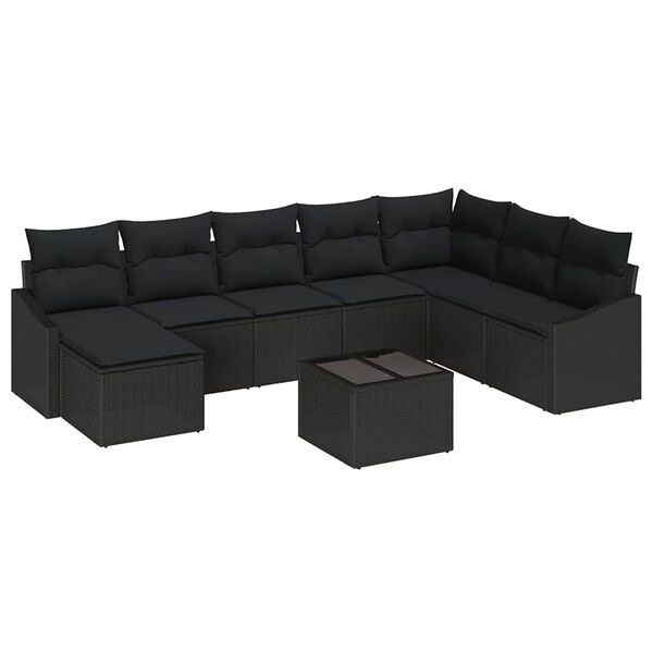 vidaXL Sofa Set with Cushion 9 pcs Black Poly Rattan