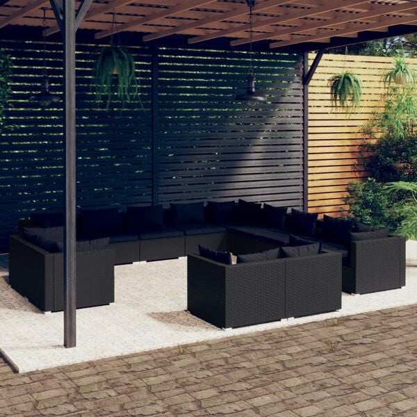 vidaXL 13 Piece Garden Lounge Set with Cushions Black Poly Rattan