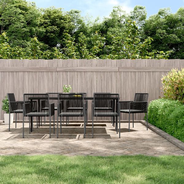 vidaXL 9 Piece Garden Dining Set with Cushions Black Poly Rattan and Steel