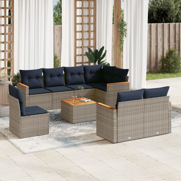 vidaXL 9 Piece Garden Sofa Set with Cushions Grey Poly Rattan