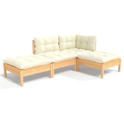 vidaXL 4 Piece Garden Lounge Set with Cream Cushions Solid Pinewood