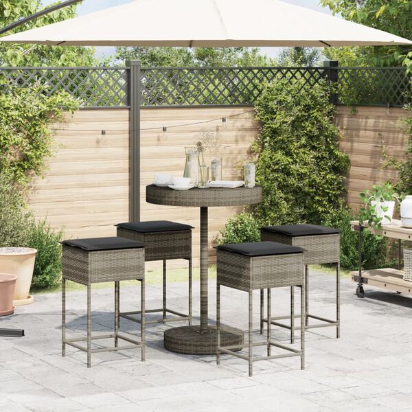 vidaXL 5 Piece Garden Bar Set with Cushions Grey Poly Rattan