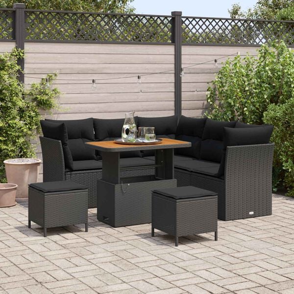 vidaXL Garden Sofa Set Height-Adjustable 8 pcs Black Poly Rattan