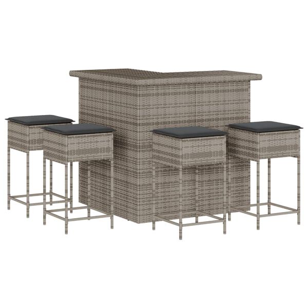 vidaXL 5 Piece Garden Bar Set with Cushions Grey Poly Rattan
