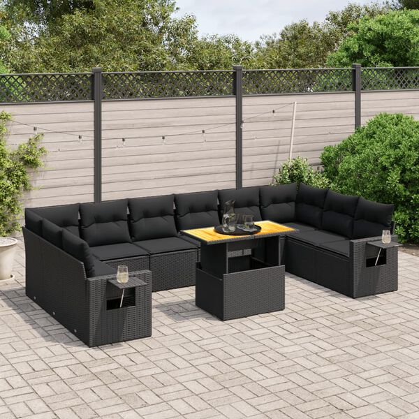 vidaXL 11 Piece Garden Sofa Set with Cushions Black Poly Rattan