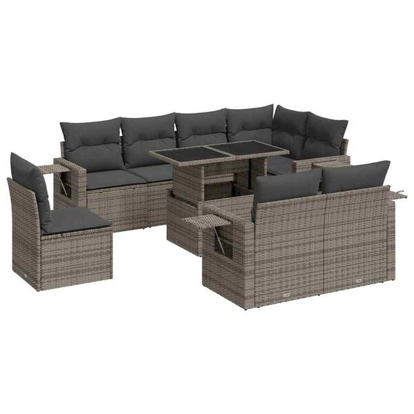 vidaXL 9 Piece Garden Sofa Set with Cushions Grey Poly Rattan
