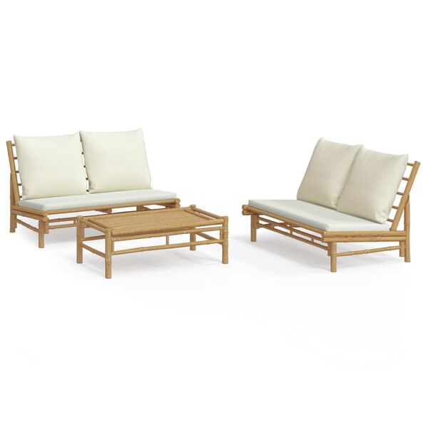 vidaXL 3 Piece Garden Lounge Set with Cream White Cushions Bamboo